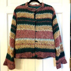 Catalina Vintage 60s Knit Cardigan Sweater Jacket Size 14 Retro Stripe Green Tan